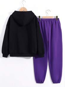 SHEIN Boys' Casual Loose Fit Hooded Sweatshirt With Cool Car Print Pattern And Plain Color Pants Set - Multicolor - View 2