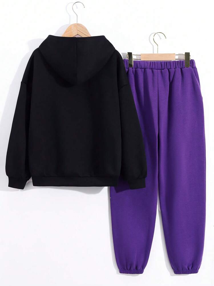 Boys' Casual Loose Fit Hooded Sweatshirt With Cool Car Print Pattern And Plain Color Pants Set