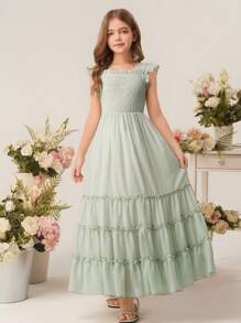 Vestido largo elegante para niña con diseño floral, vestido de fiesta de gasa sin mangas con estampado floral para niña preadolescente - Verde - Ver 4