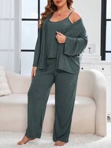 Pijama de talla grande para mujer con bata de mangas largas de unicolor con cinturón en la cintura, camiseta y pantalones