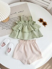 Babygirl Cute Ruffled Strap Tank Top And Shorts Set, Summer Vacation - Multicolor - View 2