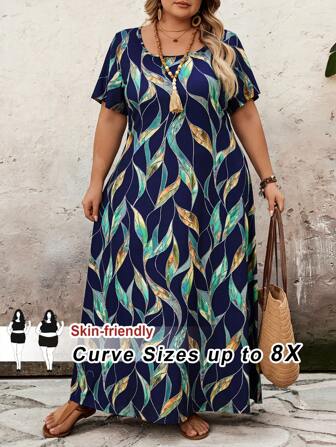 SHEIN CURVE+ 大码女式蓝色花卉印花短袖方领连衣裙、海滩度假连衣裙、Curve Plus、波西米亚风度假海滩装/沙滩裙/海滩度假装/海滩必备品/毕业/茶会礼服