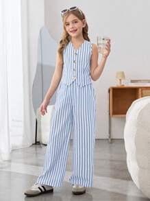 Firerie Kids Firerie Kids Nova Glow 2pcs Tween Girls Casual Vacation Striped Vest And Wide Leg Pants Set - Baby Blue - View 8