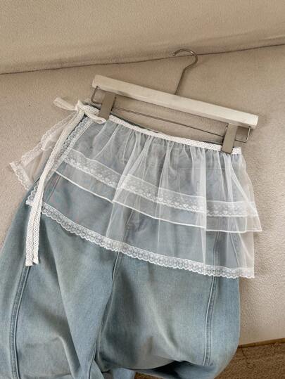 DAZY Falda de media enagua con lazo y ribete de encaje transparente, estilo coreano versátil para mujer, para otoño