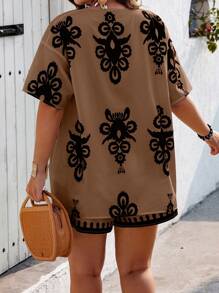 SHEIN Clasi Random Floral Print Plus Size Short Sleeve Kimono Top And Shorts Set - Multicolor - View 2