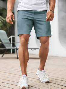 Manfinity Homme 男士纯色口袋休闲百搭短裤 - 霧霾藍 - 查看 3