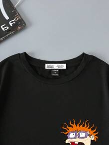 Nick 90s | SHEIN Men's Cartoon Figure Graphic Crew Neck Casual Short Sleeve T-Shirt, Summer - Black - View 3