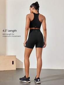 GLOWMODE 4.3 英寸 FeatherFit™-Sculpt Pavement Pusher 无前缝紧身胸衣支撑腹部收腹骑行短裤带侧袋防滑条中等冲击跑步慢跑训练健身房锻炼 - 黑色 - 查看 4