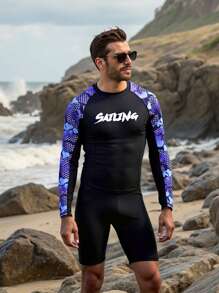 Manfinity VDAYZ Men's Letter Print Raglan Sleeve One-Piece Swimsuit With Shorts - Black - View 3