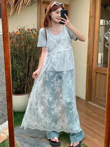FRIFUL Women's White Long Lace Camisole Dress, Vacation Dress Sundress,Casual Women Dresses - White - View 2