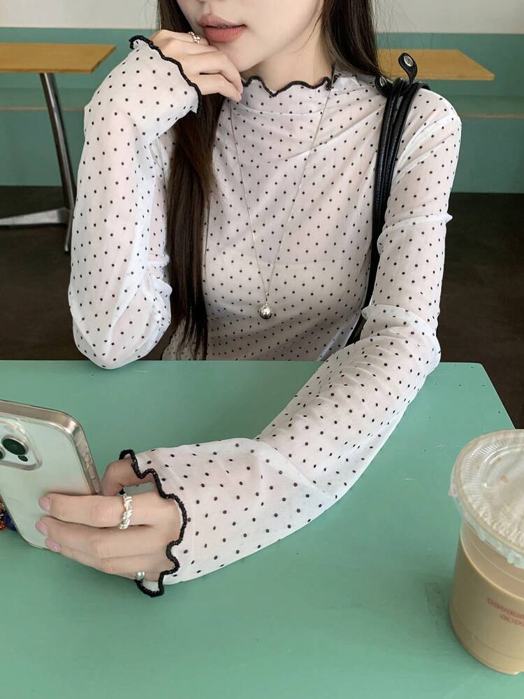 Plus Size Women's Casual Korean Style Polka Dot Long Sleeve T-Shirt, Summer Preppy Tops,Fall Women Clothes