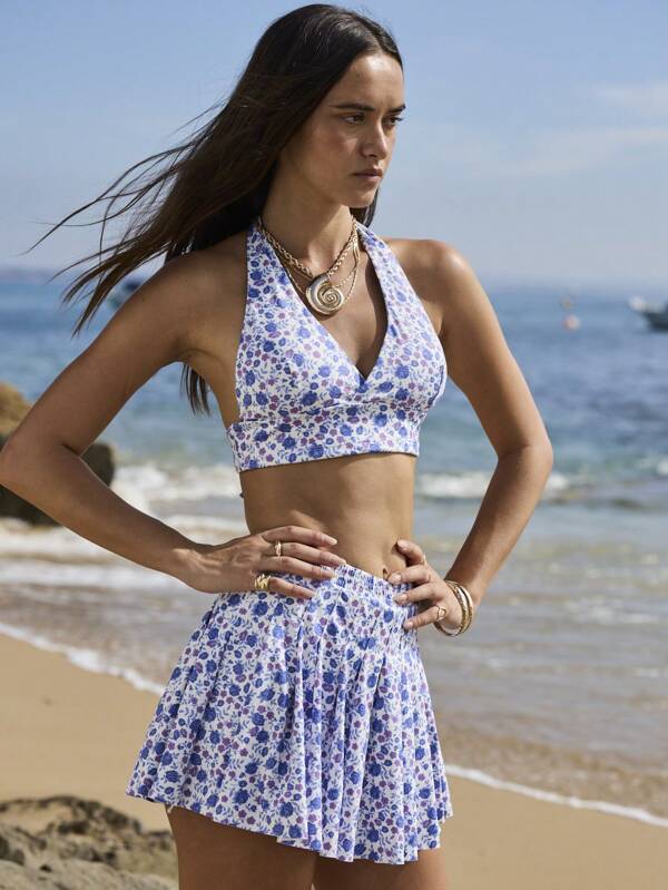 Aralina Leisurewear Ditsy Floral Crop Halter Neck Pleated High Waisted Skort Summer Two Pieces Set