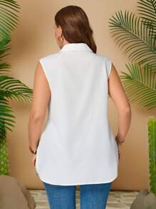 Calvaya 大码女式纯色无袖开衩下摆休闲衬衫 - 白色 - 查看 2