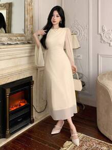 Vestido midi de mujer para fiestas de primavera/verano, vestido elegante de graduación para el Día de San Valentín - Beis - Ver 6