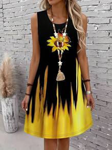 SHEIN LUNE Plus Size Sunflower Print Casual Sleeveless Dress For Women, Unique Design - Multicolor - View 1