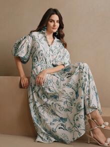 Anewsta 优雅、度假、约会之夜、花卉印花、宽松款式、连衣裙、绿色、女士、春夏 - 藍色 - 查看 3