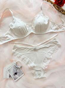SHEIN 2pcs/Set Plus Size Women's Solid Color Sexy Lace Patchwork Lingerie Set, Lift - White - View 6
