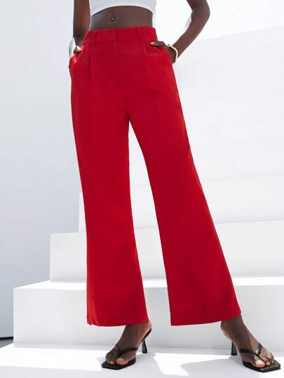 Aveloria Modichic Classic Red High Waist Pleated Slimming Straight Leg Flare Pants, Minimalist Design Suitable For Workplace, Commute And Casual Wear