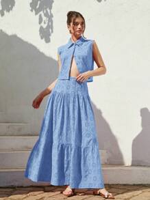 Aveloria Rosie Conjunto Elegante Francês de Férias com Camisa de Gola e Camiseta Sem Manga Solta com Pregas Intencionais e Saia Longa Tipo A-Line, Bordado, Conjunto de Duas Peças para Mulheres