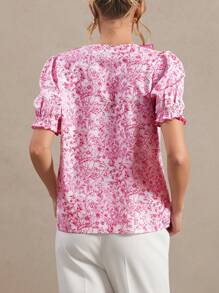 SHEIN Clasi 夏季女士优雅花卉印花荷叶边领喇叭袖衬衫，适合各种场合 - 彩色 - 查看 2