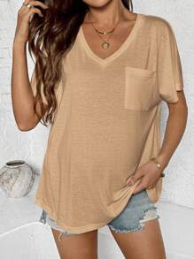 SHEIN Pregnant Women's Casual Plain Color Pocket V-Neck Short Sleeve T-Shirt, Summer