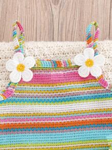 SHEIN Vintaside Kids 2 pezzi/set Top con cerniera ricamato con motivo floreale e righe arcobaleno + pantaloncini con vita elastica per bebè femmine, tuta casual estiva comoda e morbida, adatta per vacanze e spiaggia