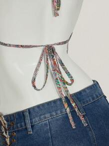 SHEIN ICON Women's Backless Halter Casual Top With Side Slit & Cashew Print - Multicolor - View 8
