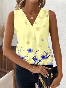 SHEIN Clasi 女士 V 领无袖梅花印花衬衫，日常休闲装 - 黃色 - 查看 5