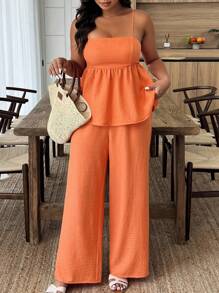 SHEIN Clasi 2pcs Plus Size Vacation Casual Solid Color Camisole And Pants Set
