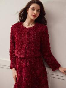 MOTF PREMIUM MESH FLORAL PATCHED BOXY COAT,VALENTINE'S DAY - Burgundy - View 2