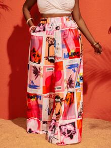 Slaydiva 2025 Women Plus Size Loose High-Waisted Wide Leg Pants With Pockets - Abstract Pattern, Casual/Commuter/Vacation/Date/Party, Pink, Spring/Summer