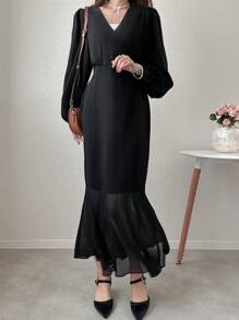 FRIFUL Robe longue pour femme, robe longue noire de haute qualité, robe élégante pour dames en automne, robe à manches longues