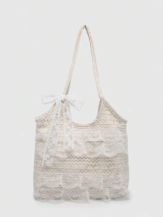 Kawaii حقيبة كتف نسائية مزينة بشريط أربطة الدانتيل والزهور الصغيرة الجميلة