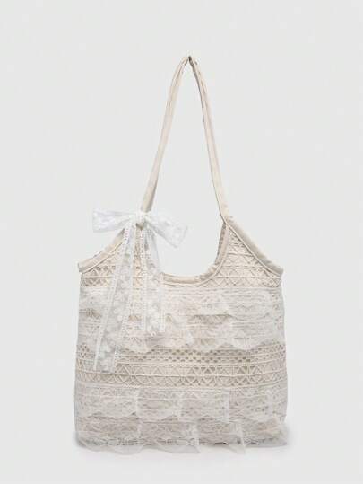 Kawaii حقيبة كتف نسائية مزينة بشريط أربطة الدانتيل والزهور الصغيرة الجميلة