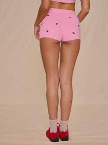 MUSERA High Rise Knit Watermelon Embroidered Fitted Mini Shorts Only Spring Summer Vacation Cute Sweet Escape Beach Club Holiday Beach Airport Chic - Multicolor - View 4