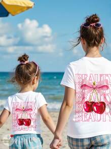 SHEIN EZwear Minimalist Casual Cherry Bow & Letter Print Short Sleeve T-Shirt For Women, Suitable For Summer