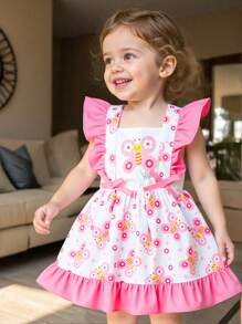 Baby Girls Casual Everyday Bee Print Cap Sleeve Dress, Suitable For Outings Or Comfortable Home Wear, Versatile