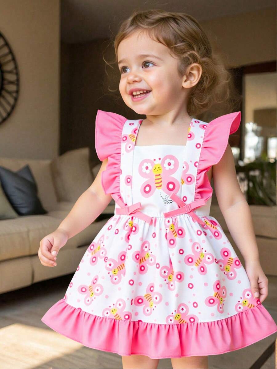 Baby Girls Casual Everyday Bee Print Cap Sleeve Dress, Suitable For Outings Or Comfortable Home Wear, Versatile