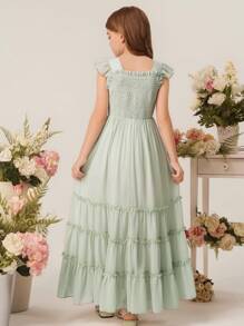 Vestido largo elegante para niña con diseño floral, vestido de fiesta de gasa sin mangas con estampado floral para niña preadolescente - Verde - Ver 2