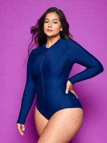 SHEIN Swim Plus Size One-Piece Swimsuit With Adjustable Drawstring And Bindwrap - Navy Blue - View 8
