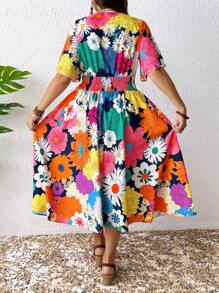 SHEIN Clasi Plus Size Women Summer V-Neck Floral Print Waisted Vacation Dress - Multicolor - View 2