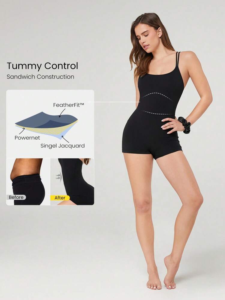 2.5" FeatherFit™ Flex And Flow Tummy Control Crossover Back Straps  Romper Bodysuit Low Impact Yoga Pilates Studio Daily Casual Wear Removable Cups