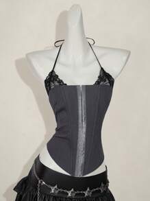 SHEIN ICON Slim Fit Lace Mock Neck Women Tank Top Goth Goth - Grey - View 7