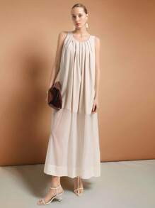 Ontre 2025 Women Solid Color Pleated Round Neck Sleeveless Casual Dress