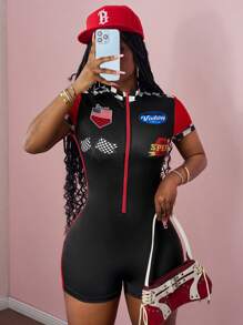 Slaydiva 2025 Summer New Streetwear Rockstar Outfit - Red & Black Contrast Motorcycle Graphic Zip Collar Short Sleeve Jumpsuit, Suitable For Music Festivals, Easter, Nightclub, Racing, Party, Daily Wear, Prom - A