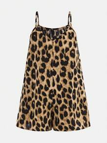 SHEIN 青少年女孩休闲度假时尚豹纹宽松吊带连体衣 - 棕色 - 查看 3