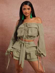 SHEIN SXY Plus Size Women Spring/Summer Dating Club Valentine's Day Wedding Elegant Green Woven Off-Shoulder Cargo Pockets Embellished Long Sleeve Crop Top With Drawstring Strap Design, Suitable For Everyday And Western Wear - Green - View 6