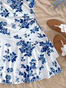 Soleia 女士度假花卉印花前扭结领荷叶边不对称迷你连衣裙，适合派对、下午茶、海滩