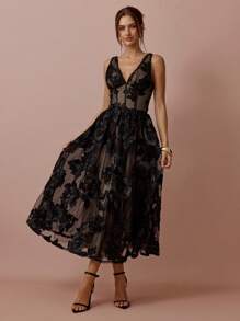 Enchnt 春夏浪漫女士黑色精致花卉刺绣贴花网眼 V 领无袖公主长裙，甜美优雅，适合度假、约会、节日、派对、毕业典礼、婚礼宾客和宴会，舞会礼服，女士夏装，女士太阳裙，夏装，优雅派对礼服 - 黑色 - 查看 5