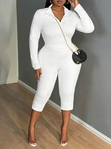 SHEIN PETITE CURVE 大码休闲百搭纯色紧身裤 - 白色 - 查看 6